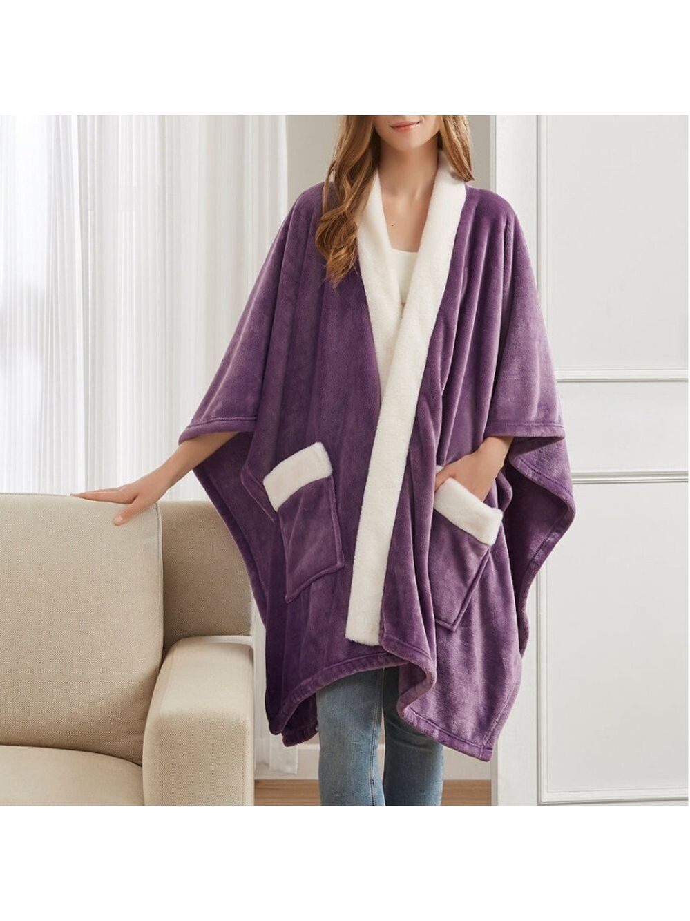 PURPLE !! Women's Purple Fleece Wrap Coat Deep Pockets Fall Winter NEW WITH TAGS - Picture 2 of 8